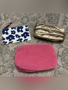 Lot of 3 Cosmetic Bags Pink Sherpa Navy Floral and Gold
